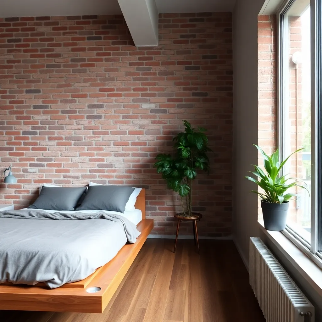 Apartment interior with brick wall, wooden platform bed, and potted plant near window