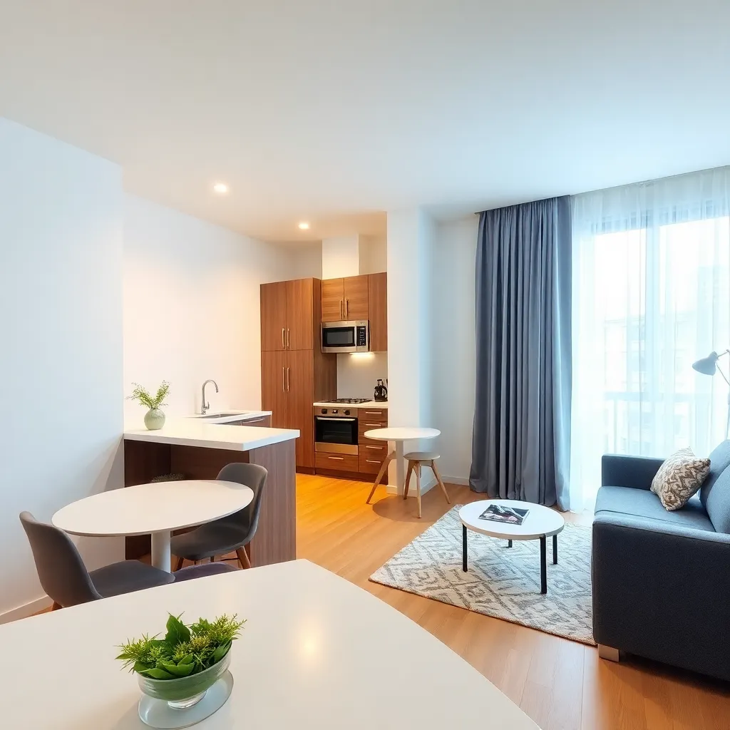 Apartment interior with modern kitchen, dining table, and gray curtains