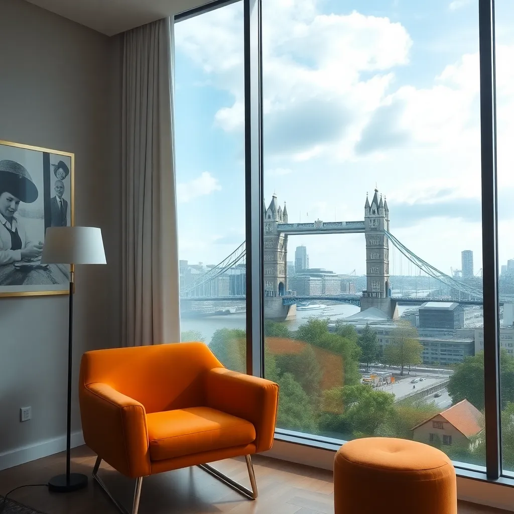 Apartment interior with orange armchair and large window showing Tower Bridge over river