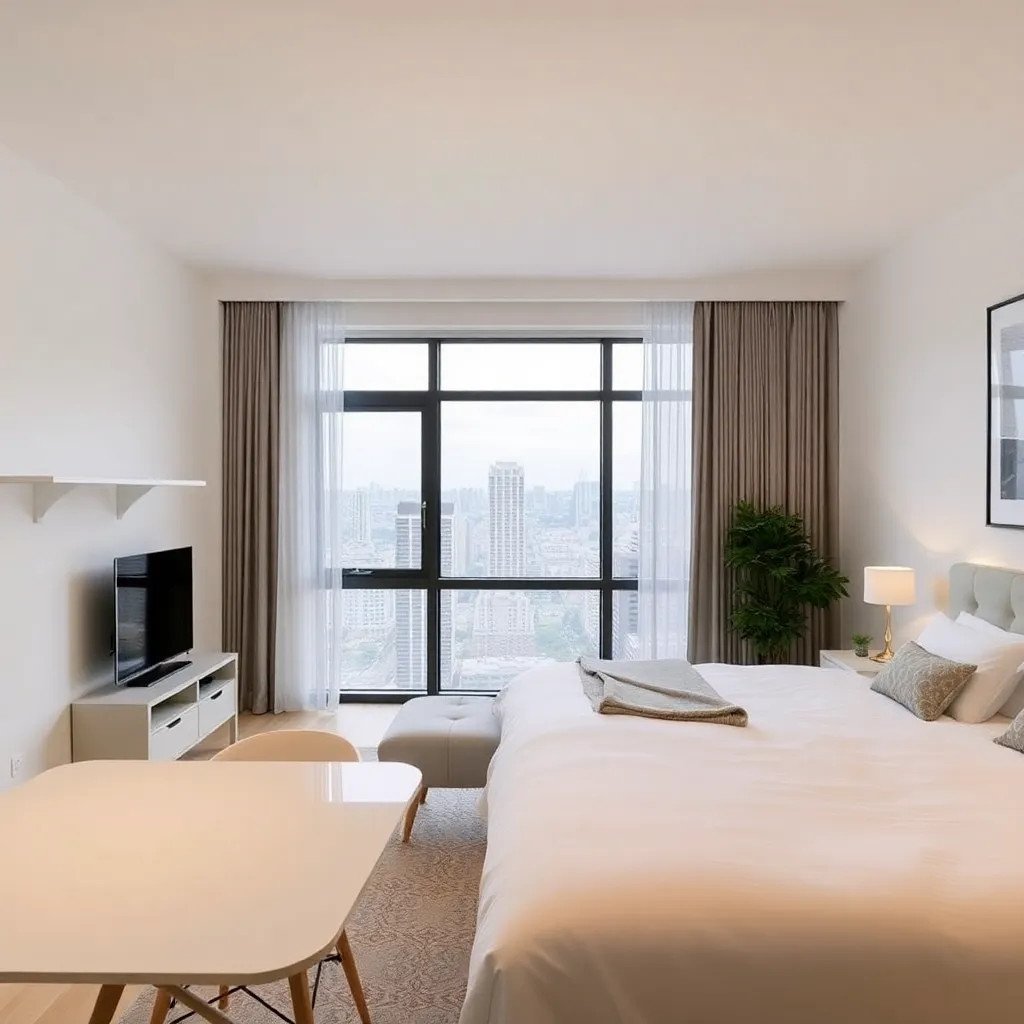 Apartment interior with white bedroom, dining table, and large window with city view